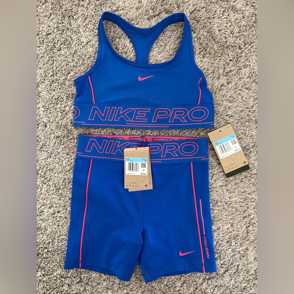 Nike Pro Blue Sports Bra and Shorts Set Girls M